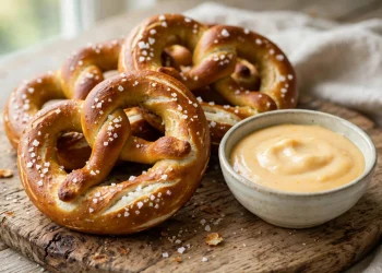 Golden-brown homemade soft pretzels with flaky sea salt next to a bowl of warm cheese sauce