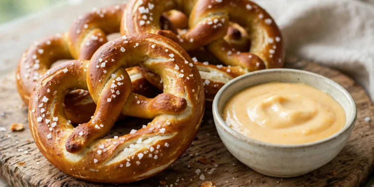 Golden-brown homemade soft pretzels with flaky sea salt next to a bowl of warm cheese sauce