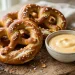 Golden-brown homemade soft pretzels with flaky sea salt next to a bowl of warm cheese sauce