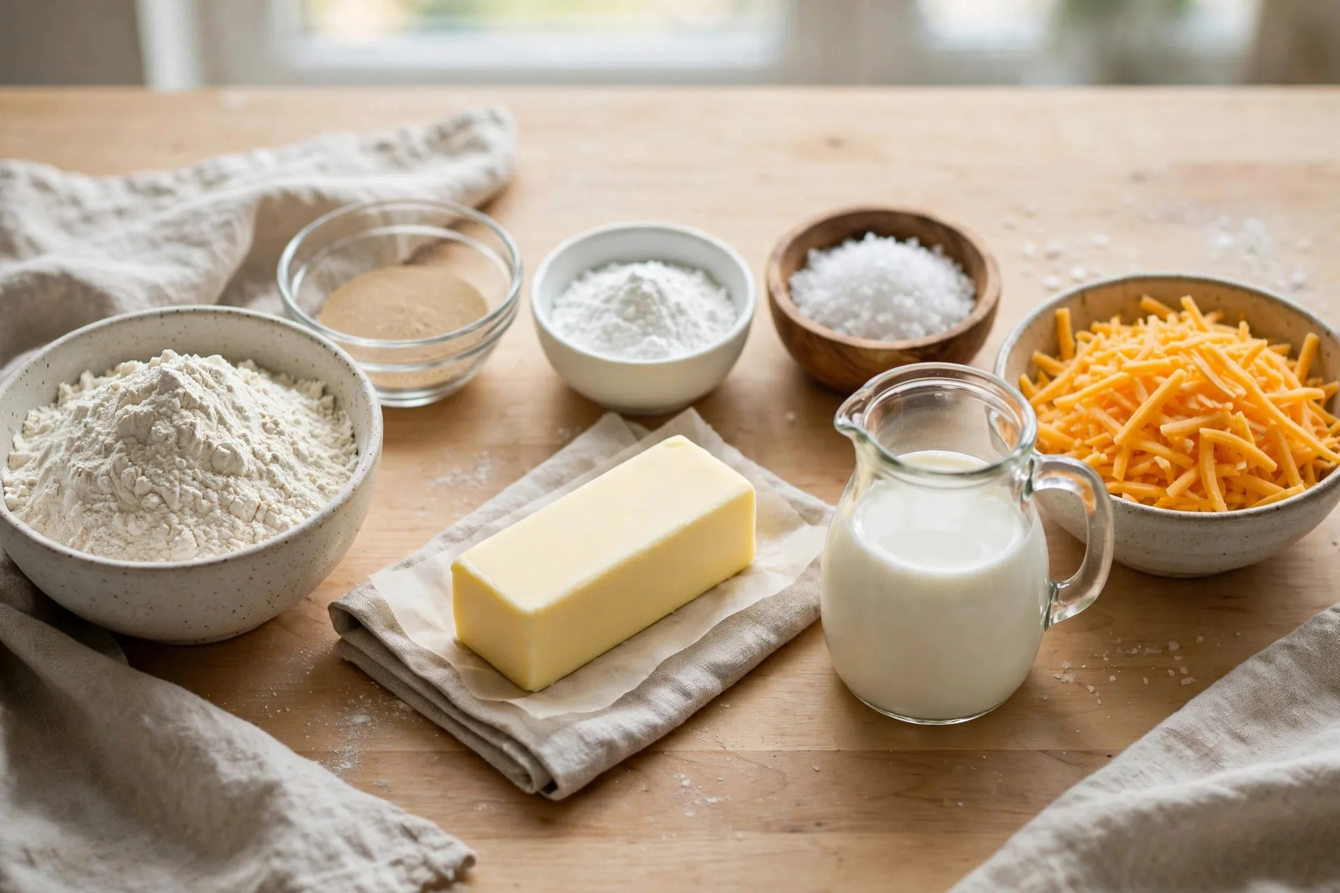 Baking ingredients laid out for making soft pretzels with cheese sauce