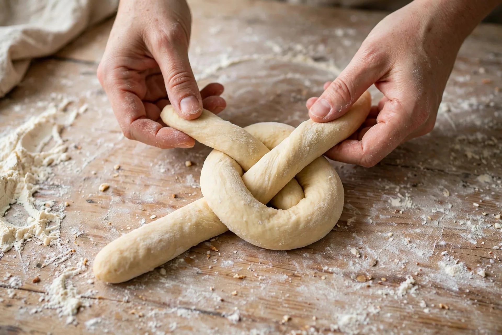 Hands twisting pretzel dough into the classic pretzel shape on a floured surface