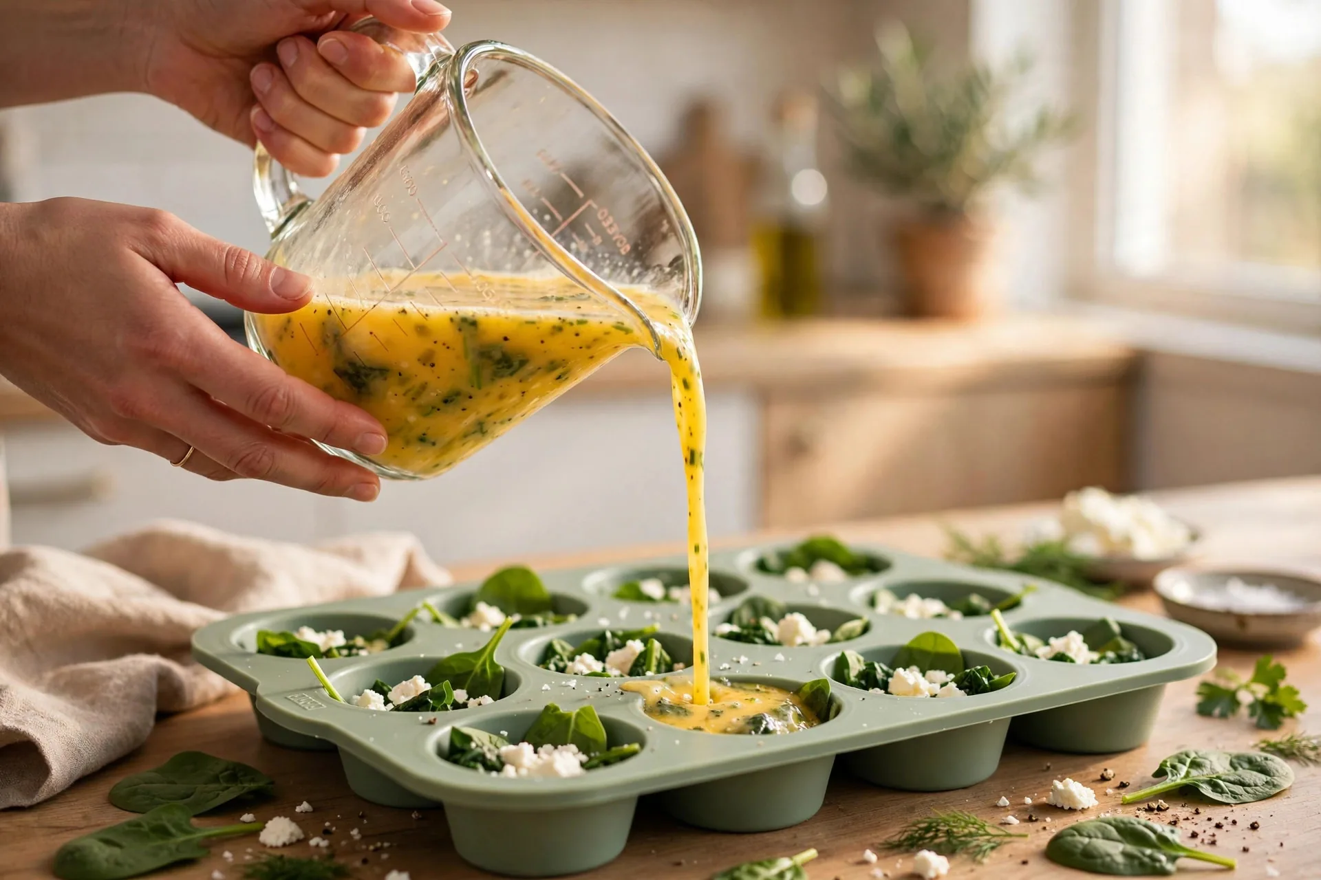 Pouring whisked egg mixture from a measuring jug into a spinach and feta filled muffin pan