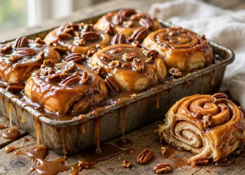 Golden caramel pecan sticky buns fresh from the oven, glistening with buttery caramel sauce, one bun pulled apart showing the soft cinnamon swirl