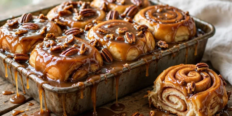 Golden caramel pecan sticky buns fresh from the oven, glistening with buttery caramel sauce, one bun pulled apart showing the soft cinnamon swirl