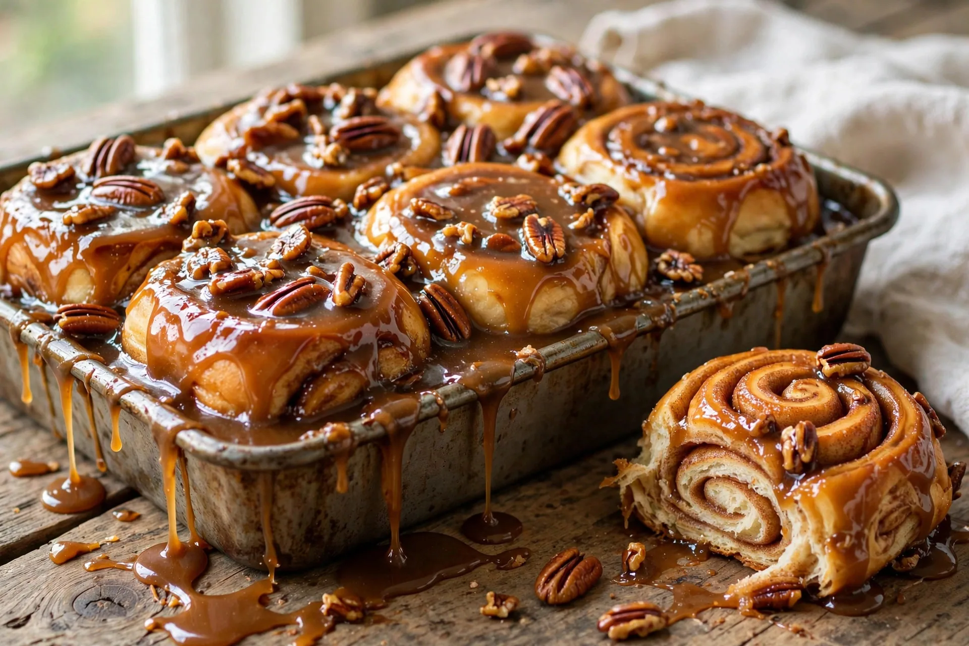 Golden caramel pecan sticky buns fresh from the oven, glistening with buttery caramel sauce, one bun pulled apart showing the soft cinnamon swirl
