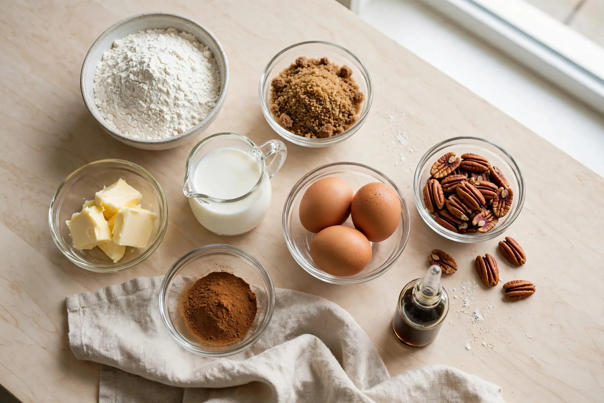 Ingredients for caramel pecan sticky buns laid out mise en place: flour, brown sugar, butter, milk, eggs, pecans, cinnamon, and vanilla