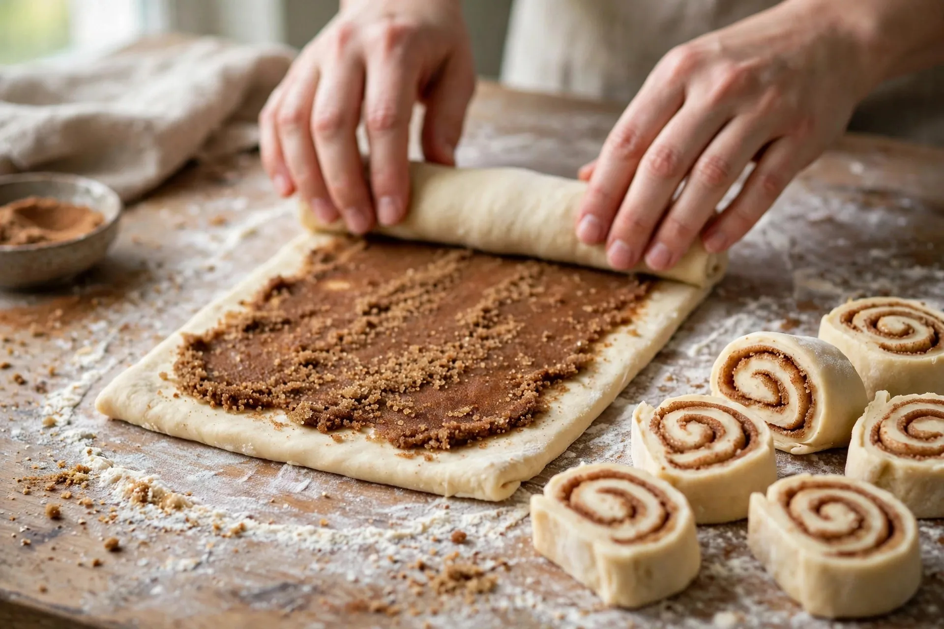 Hands rolling up cinnamon-sugar dough into a tight log on a floured wooden counter, with sliced rolls nearby