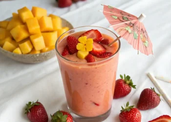 A glass of Strawberry Mango Smoothie topped with sliced strawberries, mango cubes, a yellow flower, and a decorative paper umbrella, surrounded by fresh strawberries and a bowl of mango cubes on a white surface.