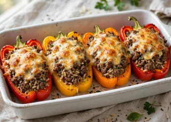 Stuffed bell peppers with beef, rice and melted cheese in a baking dish