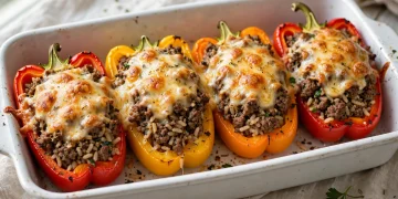Stuffed bell peppers with beef, rice and melted cheese in a baking dish