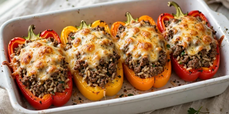 Stuffed bell peppers with beef, rice and melted cheese in a baking dish