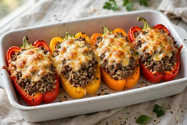 Stuffed bell peppers with beef, rice and melted cheese in a baking dish