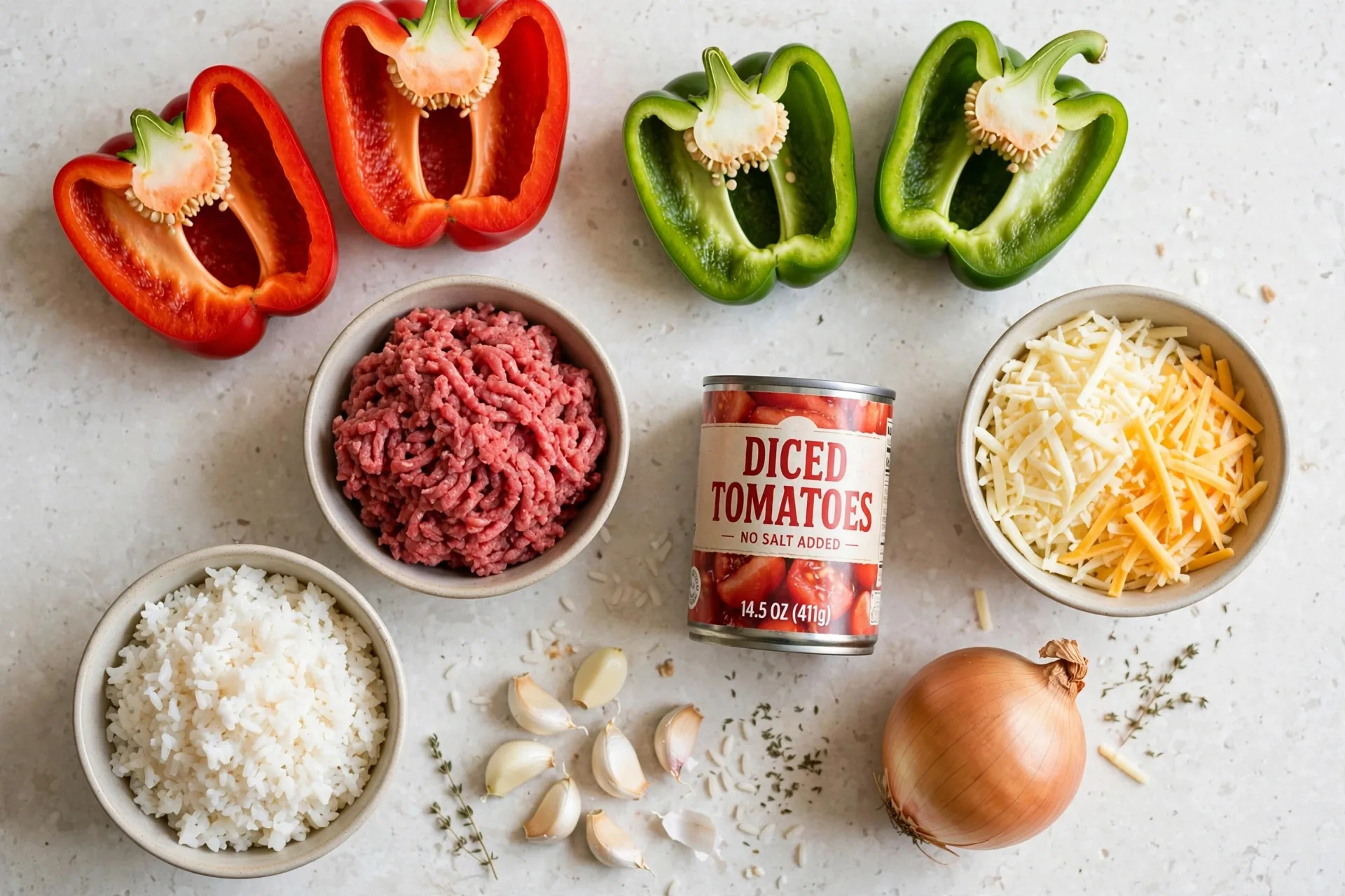 Bell peppers, ground beef, cooked rice, diced tomatoes and shredded cheese