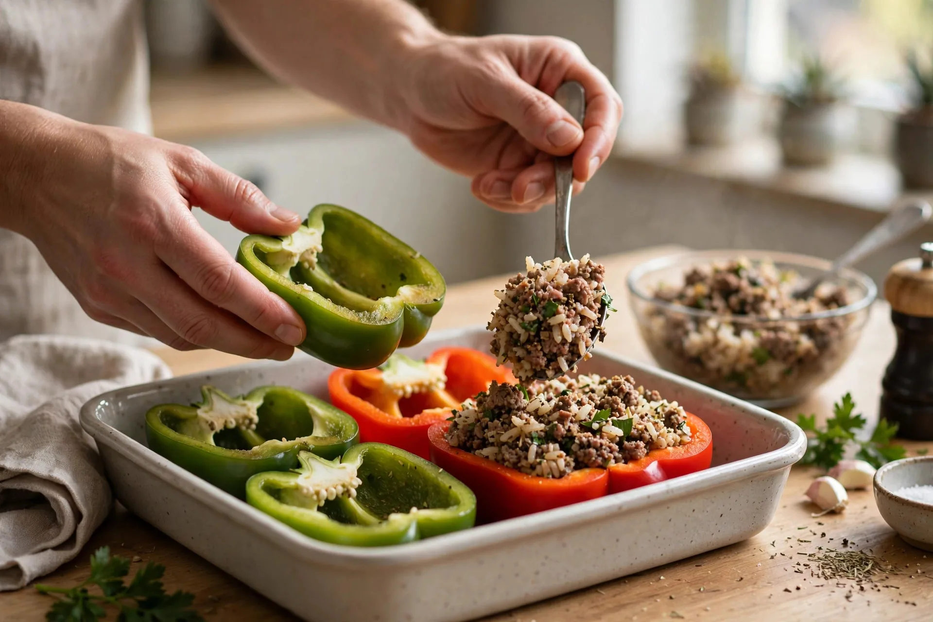 Hands spooning beef and rice filling into halved bell peppers