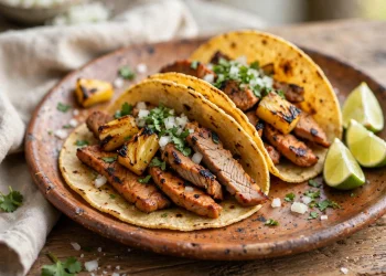 Homemade tacos al pastor with grilled pork, pineapple, onion and cilantro on corn tortillas