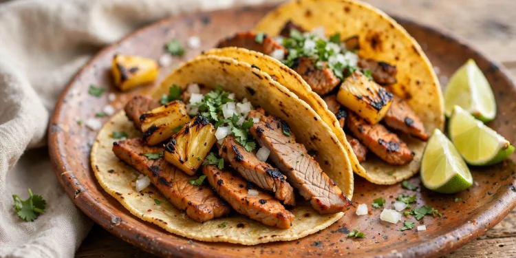 Homemade tacos al pastor with grilled pork, pineapple, onion and cilantro on corn tortillas