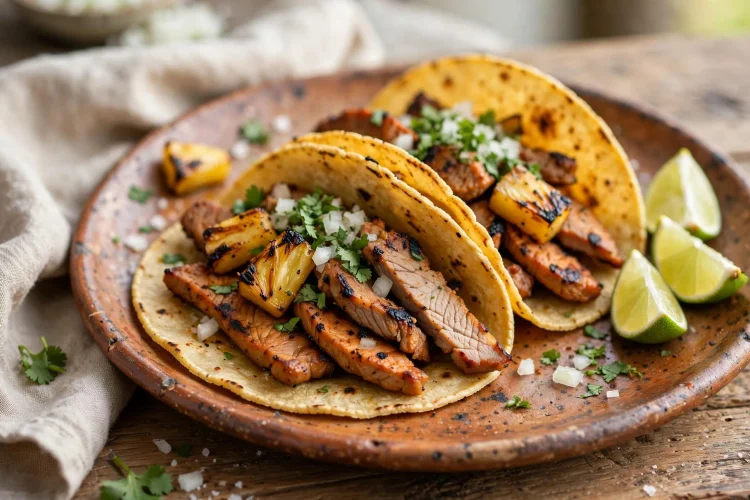 Homemade tacos al pastor with grilled pork, pineapple, onion and cilantro on corn tortillas