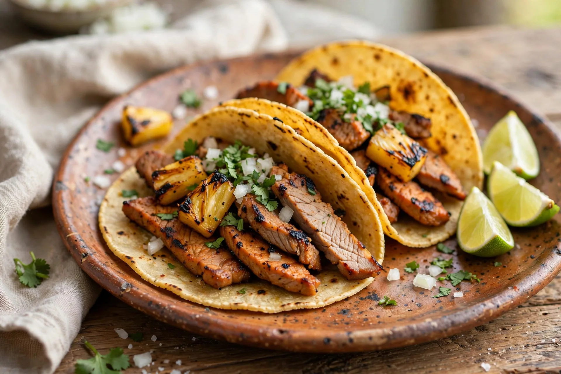 Homemade tacos al pastor with grilled pork, pineapple, onion and cilantro on corn tortillas