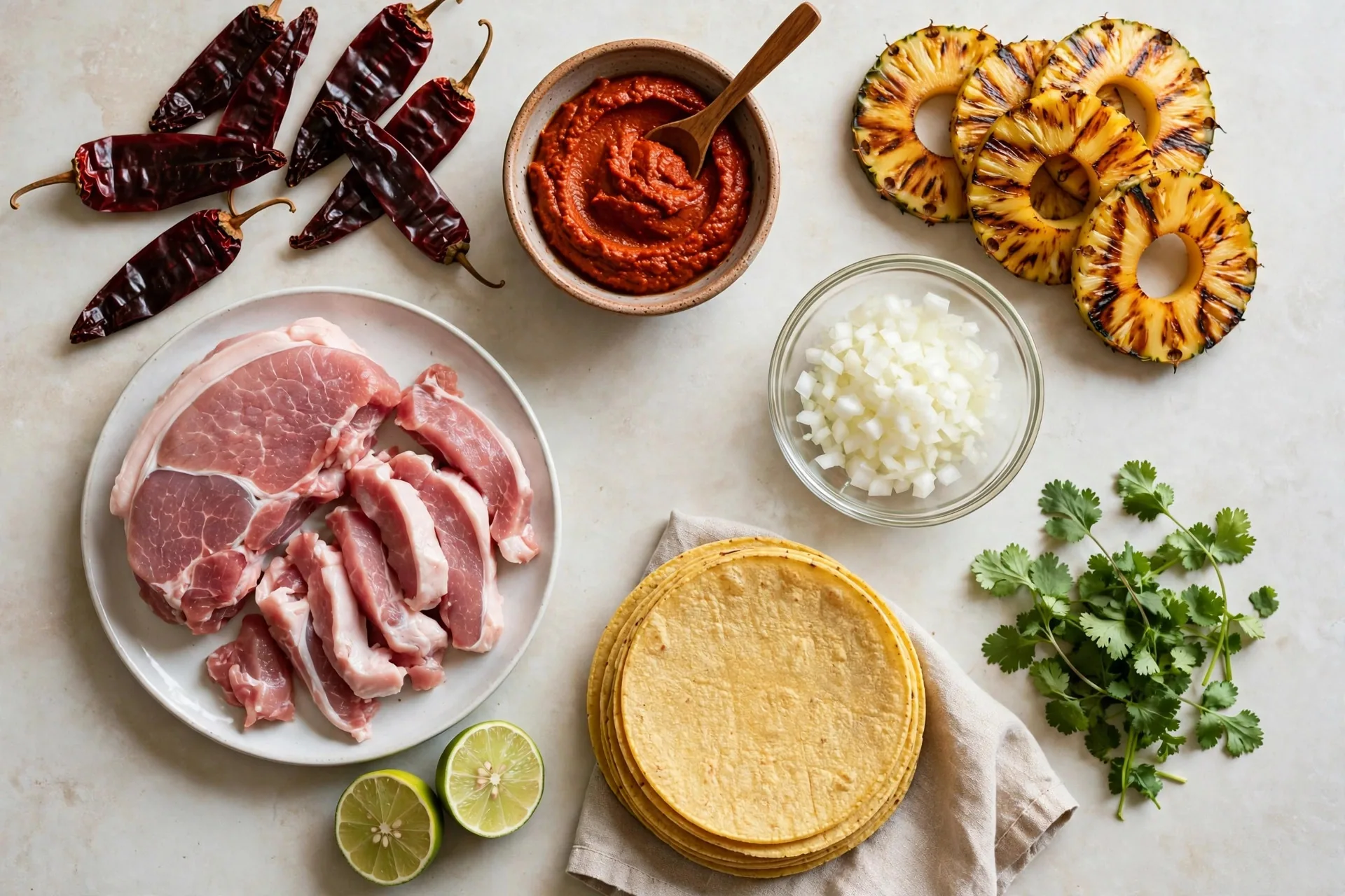 Sliced pork shoulder, pineapple, guajillo chiles, achiote paste and corn tortillas