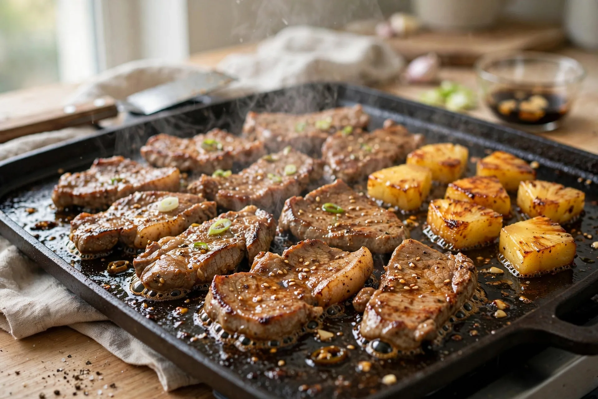 Marinated pork slices sizzling on a hot griddle with pineapple