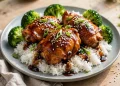 Glazed teriyaki chicken thighs over white rice with broccoli and sesame seeds