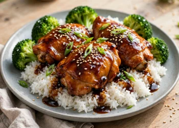 Glazed teriyaki chicken thighs over white rice with broccoli and sesame seeds