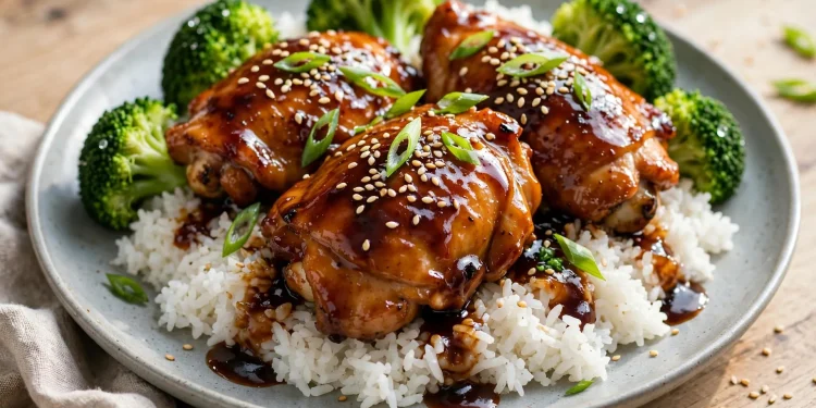 Glazed teriyaki chicken thighs over white rice with broccoli and sesame seeds