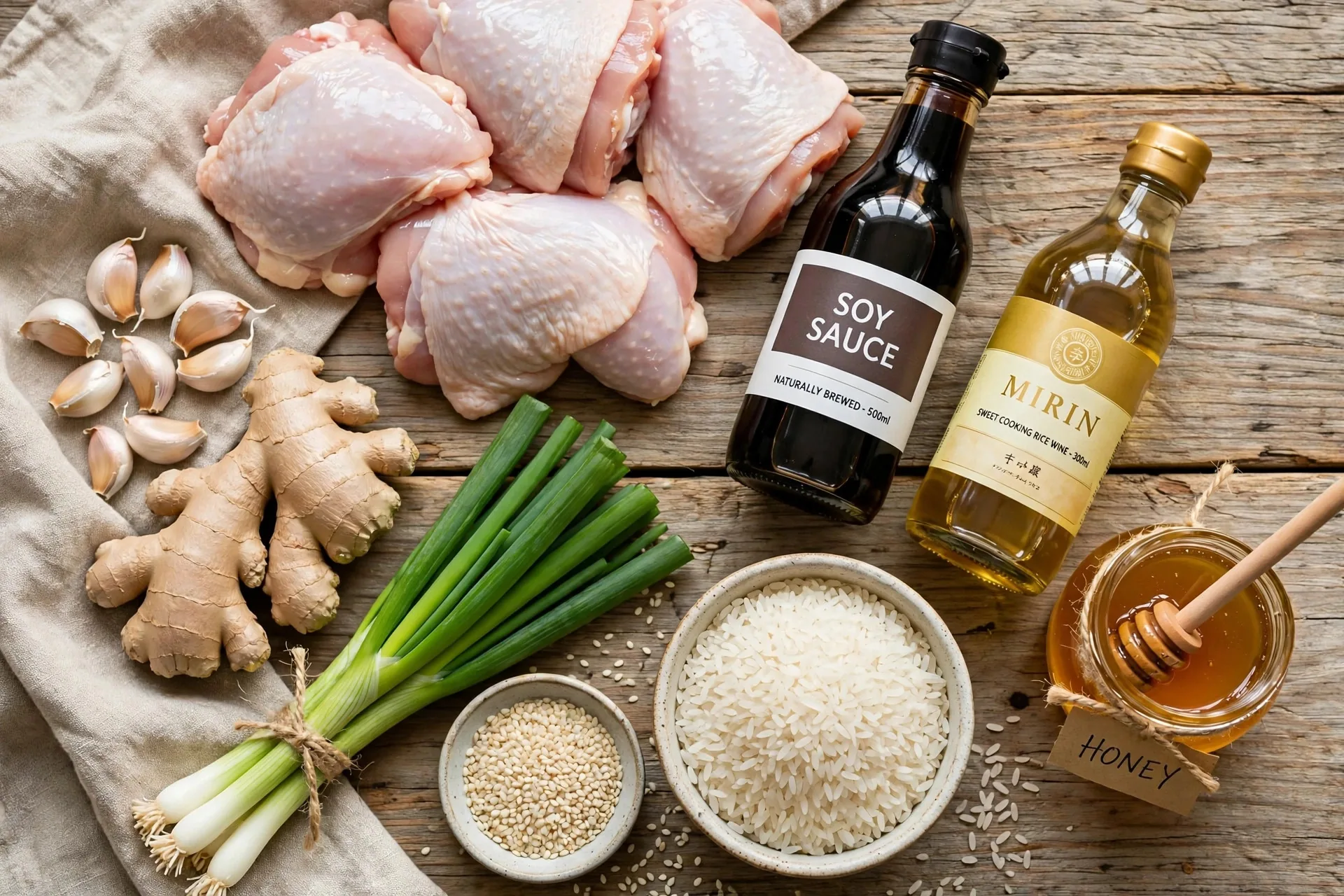 Raw teriyaki chicken ingredients laid out on a wooden table