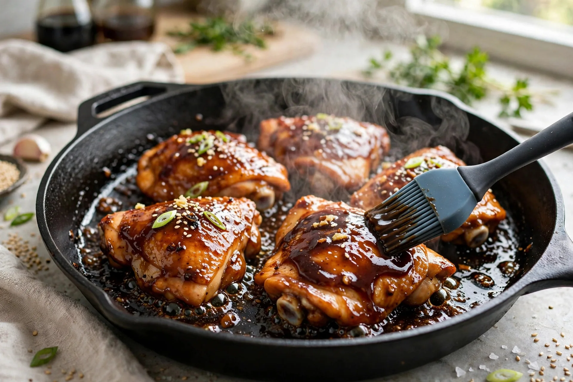 Teriyaki chicken thighs being glazed with sauce in a skillet