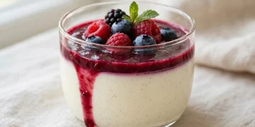 Creamy vanilla bean panna cotta topped with berry coulis in a glass