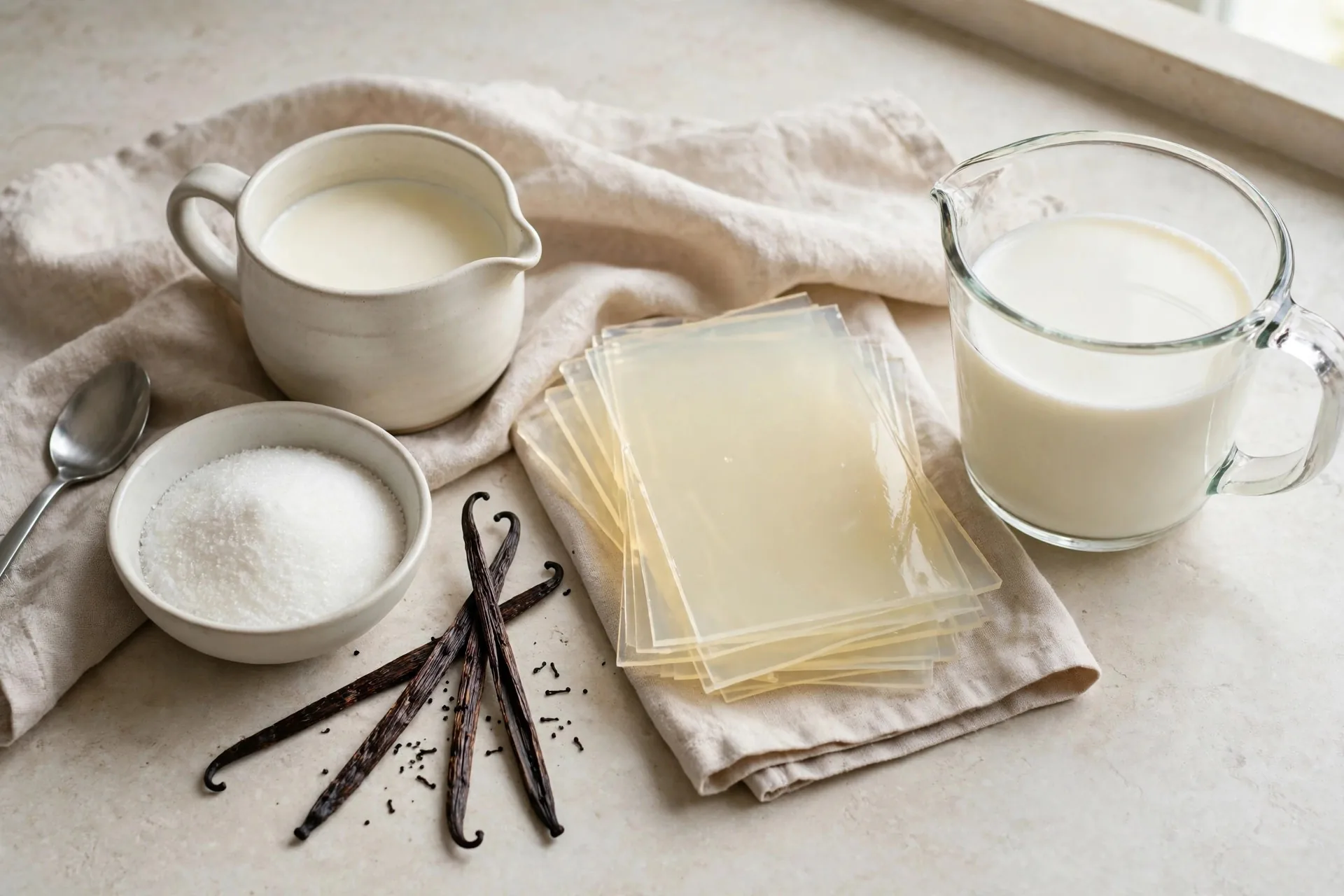 Heavy cream, sugar, vanilla beans, gelatin, and milk laid out for panna cotta