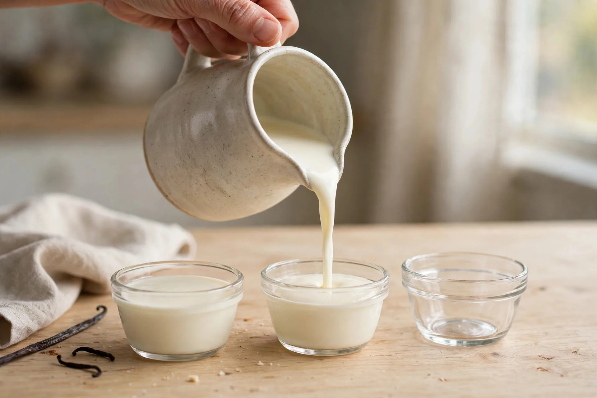Pouring creamy panna cotta mixture from a pitcher into small glasses