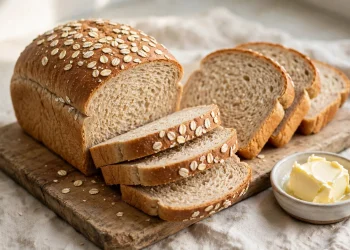 Golden whole wheat sandwich bread loaf, sliced, showing soft crumb on a wooden board