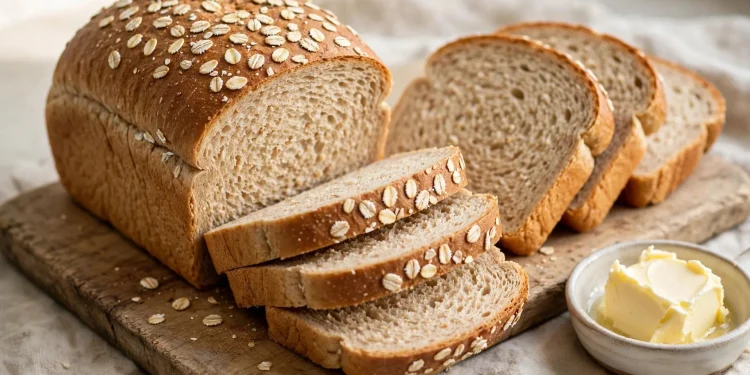 Golden whole wheat sandwich bread loaf, sliced, showing soft crumb on a wooden board