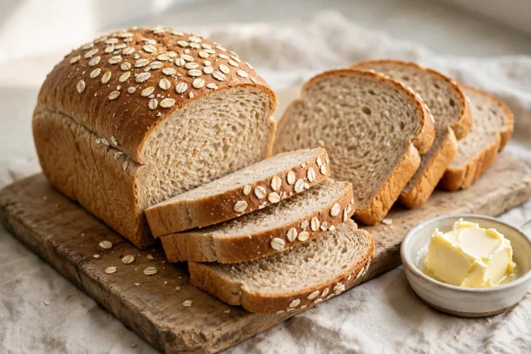 Golden whole wheat sandwich bread loaf, sliced, showing soft crumb on a wooden board