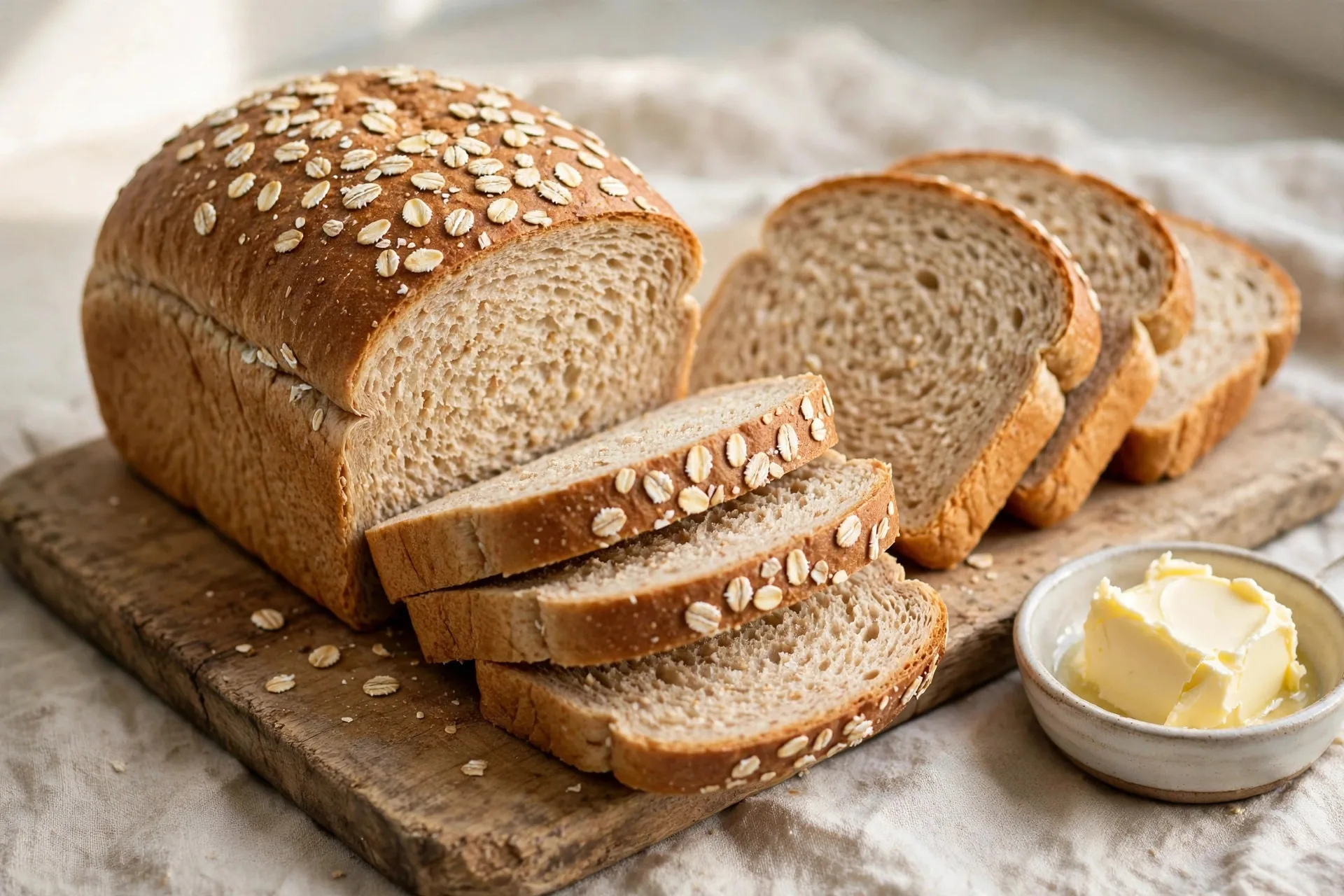 Golden whole wheat sandwich bread loaf, sliced, showing soft crumb on a wooden board
