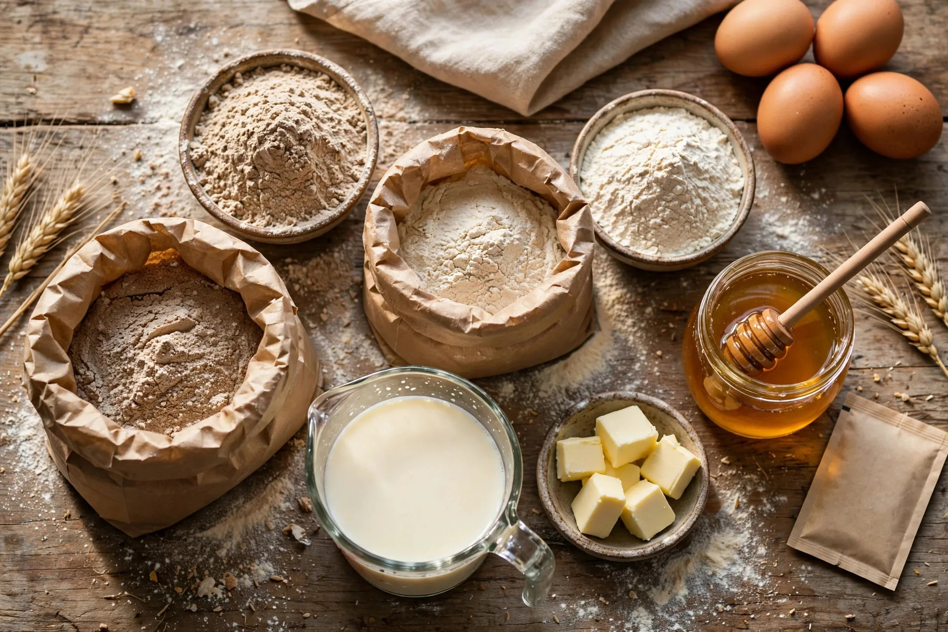 Whole wheat flour, bread flour, honey jar, butter and milk measured out on a counter