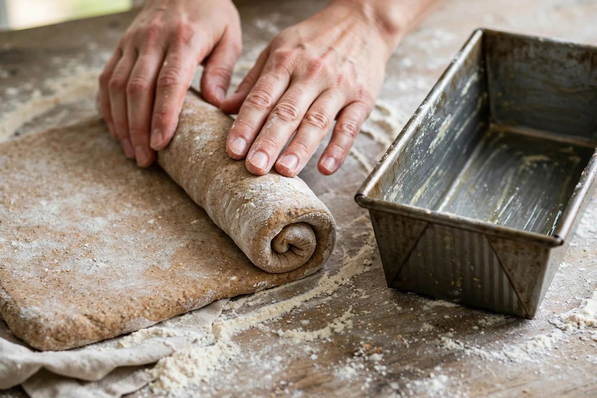 Hands rolling whole wheat dough into a tight log for the loaf pan