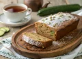 A sliced loaf of cooks zucchini bread dusted with powdered sugar sits on a wooden tray, with a cup of tea and a cucumber in the background.