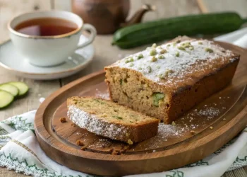 A sliced loaf of cooks zucchini bread dusted with powdered sugar sits on a wooden tray, with a cup of tea and a cucumber in the background.